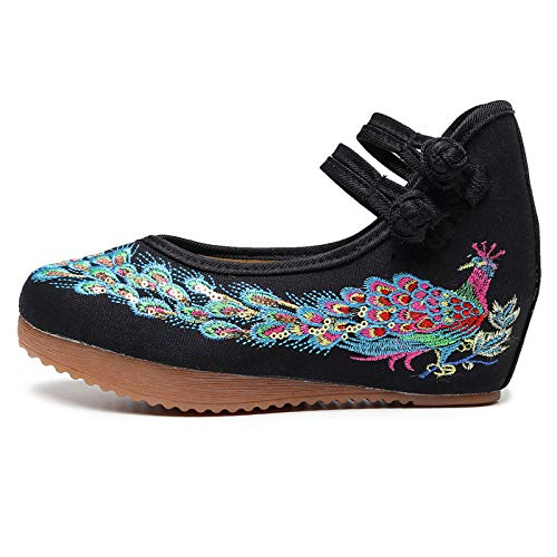 Qianmome Chinese Womens Phoenix Breading Embroidered Oxfords Sole Casual Canvas Mary Jane Wedge Shoes