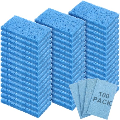 Image of Zhengmy 100 Pieces Sponges Bulk Sponges Kitchen Compressed Sponge Natural Dish Sponge Compressed Wood Pulp Cleaning Without Scratching for Kitchen Bathroom, 3.9 x 2.4 x 0.12 Inch (Blue)
