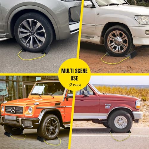 HOXWELL Dual Wheel Chocks, Light Non-Slip Wheel Stoppers with Nylon Rope Yellow Reflective Tape, Wheel Block for Lightweight Travel Trailer, Light Truck, Car, Tractor, Lawnmower 2 Pair, Black&Yellow