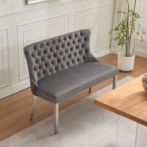 Image of 45.6''Velvet Dining Bench, Button Tufted Upholstered Dining Table Bench with Wing Highback, Nailhead Decoration, Small Loveseat Sofa with Silver Stainless Steel Legs, Mid Century Modern Seating, Grey