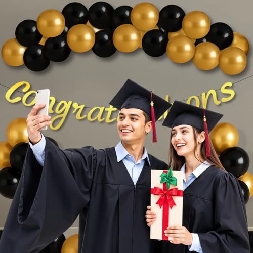 Image of Party Propz Congratulations Decoration Items - Set of 42 Pcs Congratulations Banner For Decoration | Black and Golden Balloons | Graduation Decoration | Happy Retirement Decoration (Latex, Cardstock)