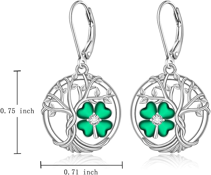 St Patricks Day Earrings for Women Shamrock Sterling Silver Tree of Life Earrings 4 Leaf Clover Pendant Good Lucky Irish Shamrock Green Clover Jewelry Holiday - Image 2