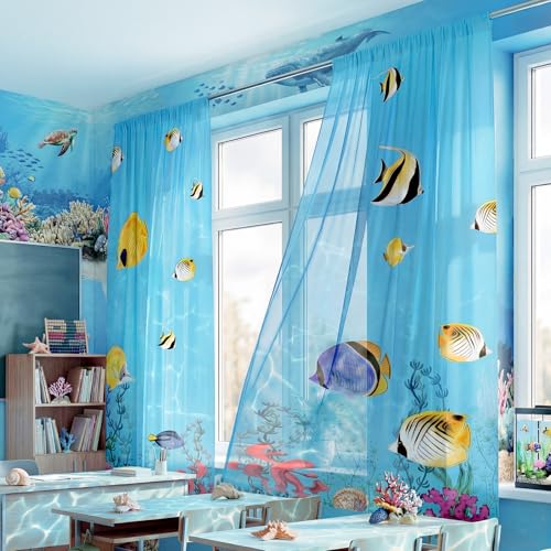 VioraWhite 2 Pcs Under The Sea Classroom Curtains Decoration 32 x 77 Inch Blue Ocean Chiffon Windows Curtains School Ocean Themed Classroom Decoration for Daycare Class Reading Room