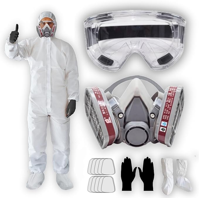 Full Body Protective Hazmat Paint Suit with Face Mask & Anti Fog Goggles For Painting Work Coveralls For Men 8 Sizes (Large)