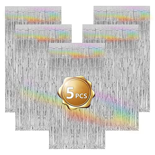 Eowppue 5 Pieces Rideau Métallique De Frange Rideaux à Franges Argent Tinsel Rideaux pour Déco Noce Anniversaire Noël （1 * 2 M / 3.28 * 6.56 Ft）