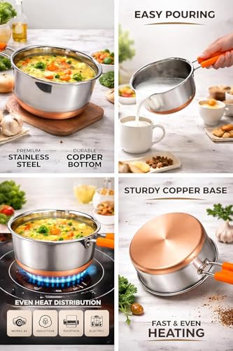Image of Stainless Steel Copper Bottom Saucepan 2000 ML Tea, Coffee & Multipurpose Pan | Induction & Gas Stove Compatible Cookware