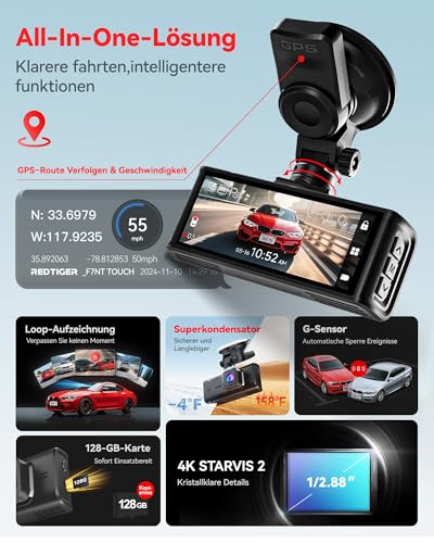 REDTIGER REDTIGER 4K STARVIS 2 Dashcam Auto Vorne Hinten,Touchscreen 3,18 Zoll,Sprachsteuerung,Dash Cam Auto 5.8GHz WiFi 6,GPS,Kostenlose 128GB Karte,2160P UHD-Nachtsicht,Notfall-Sperre,Parkmonitor (F7N Touch) - Designansicht 6 | Tages Deals