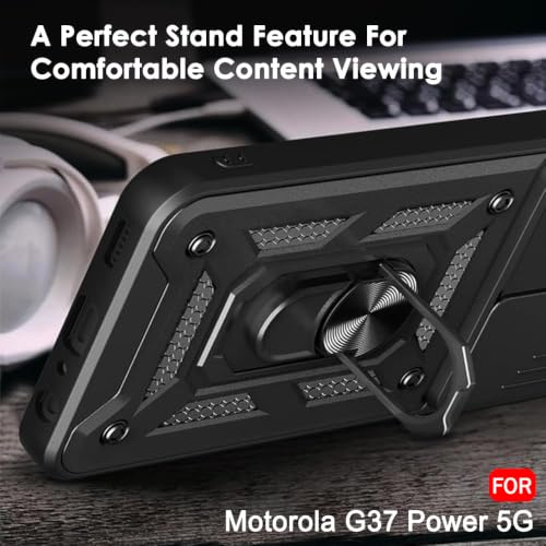 Image of TheGiftKart Tough Armor Bumper Back Cover Case for Motorola Moto G37 Power 5G | Kickstand & Ring Holder | 360 Degree Protection Cover Case for Moto G37 Power 5G (PC & TPU, Sliding Camera Cover, Black)