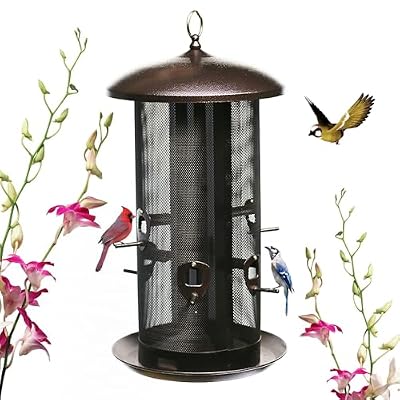 Nature's Rhythm Metal Hopper Bird Feeder Two Chambers?Heavy Duty Mesh Metal Dual Seed Compartments Outdoor Hanging Wild Bird Feeder with 10 Feeding Ports,10lbs Seed Capacity