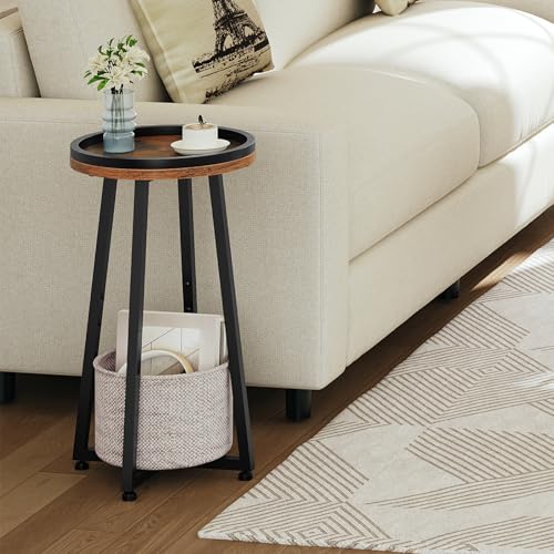 Image of HOOBRO Small Round Side Table, 2-Tier Round Sofa End Table, Compact Nightstand with Cotton Linen Storage Basket, for Small Space, Living Room, Bedroom, Dorm, Rustic Brown BF183BZ01