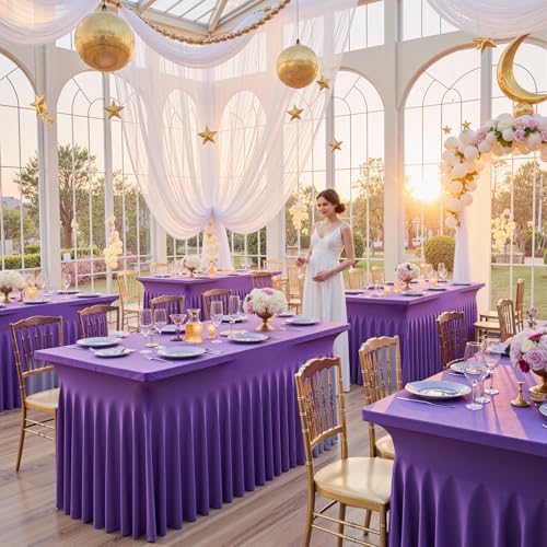 Image of Outpain Deep Purple Spandex Table Clothes for 6 Foot Rectangle Tables-6Pack 6FT Spandex Fitted Table Cover, Wrinkle Free Tablecloths with Skirt for Parties, Wedding, Birthday, Banquet, Festival