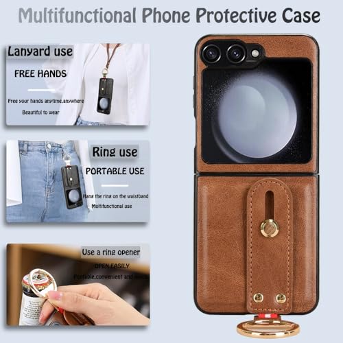 Image of Flip Cover for Samsung Galaxy Z Flip 6 5G, Leather Shockproof Polycarbonate Case (Ring Case, Pack of: 1) (Brown)