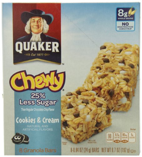 Quaker Cookies N Cream Chewy Granola Bars Reduced Sugar, 8 Bars per Pack, 0.84oz bars (Pack of 6)