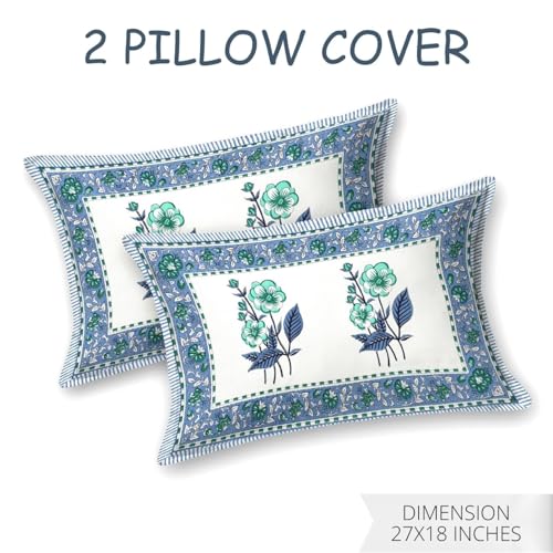 Image of Living Roots Ethnic Jaipur Block Print Double Cotton Bedsheet & 2 Pillow Covers, for Mattress Upto 6 inches Thick, No Colour Bleeding, Blue & Green Colour, King Size 90 * 108 inches, 120TC (613-A)