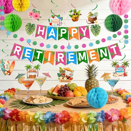 Image of Luau Hawaiian Retirement Party Decorations for Men Women Tropical Happy Retirement Banner Honeycomb Balls Hanging Swirl Circle Dots Garland Beach Summer Retirement Party Supplies