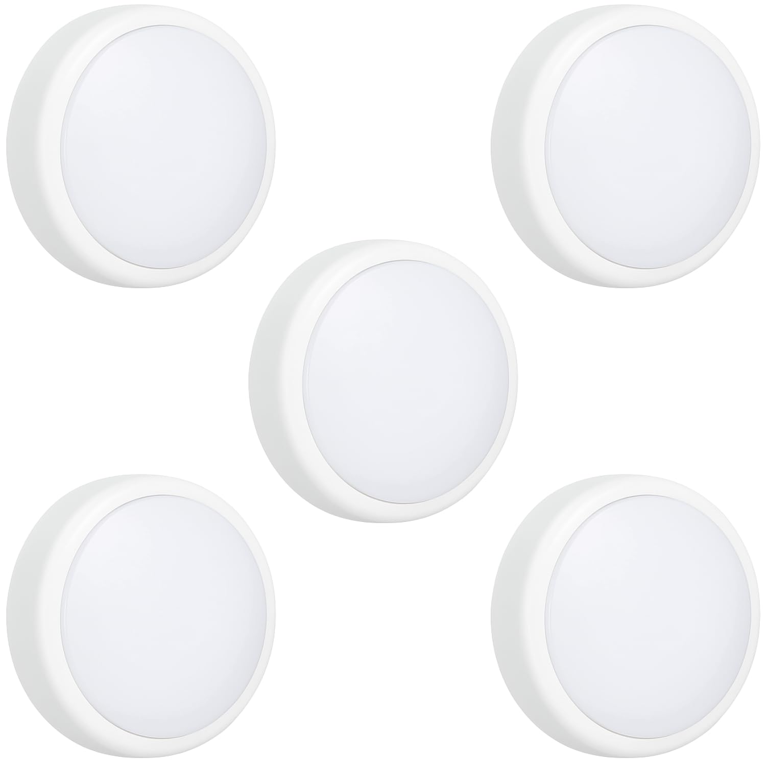 Marco Paul 5 Pack LED Push Lights - Stick-On Under Cupboard Kitchen Lights - Cordless LED Under Cabinets Light - Battery Operated Puck Light for Stairs, Shelves & Dark Corners