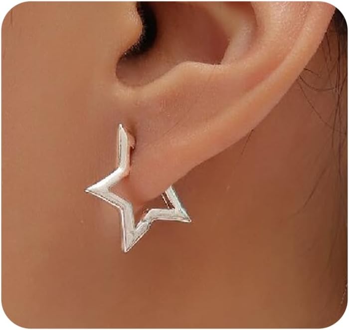 3 Pairs Silver Star Hoop Earrings Set for Women Small Y2k Huggie Earrings Trendy Statement Pentagram Earrings Star Accessories Gift