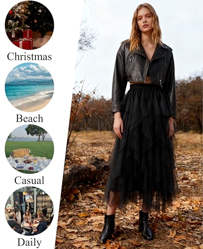 Tulle Skirts for Women A Line Fairy Tiered Skirt Midi Length High Elastic Waist Long Skirt - Image 4