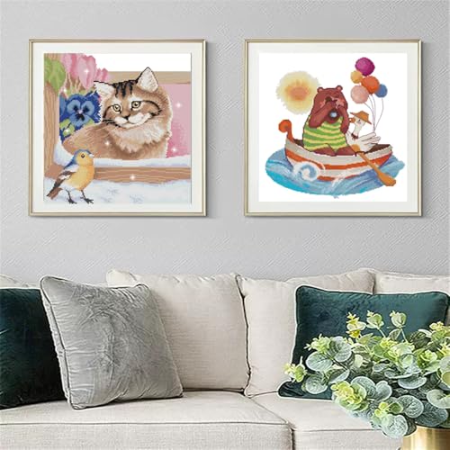 Image of JOYSEWING Cat kit Stamped Cross Stitch Kits Beginners Embroidery 11CT Needlepoint Kits Counted Patterns Embroidery DIY Home Decoration-(Birds and Cats (Printed)) 16.1x16.5 inch