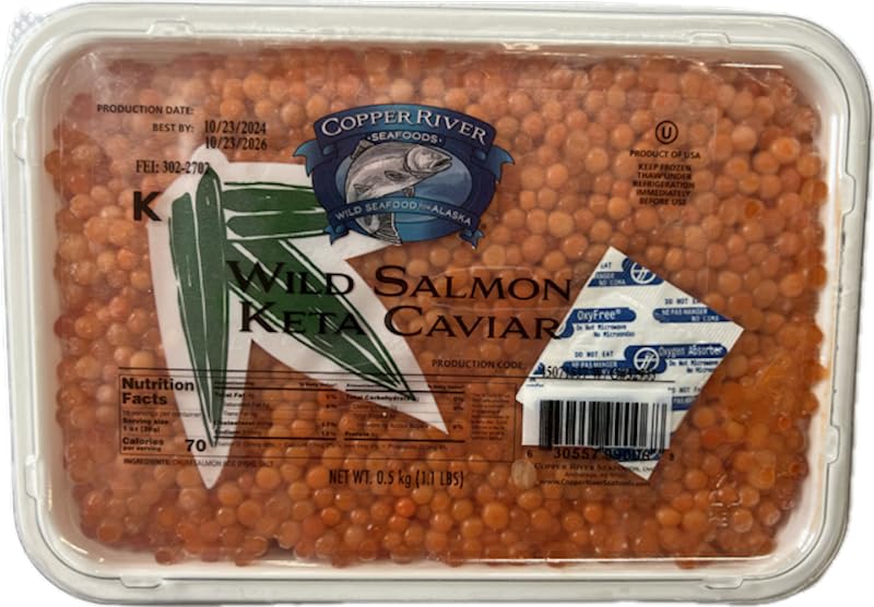 Wild Alaskan Salmon Keta Red Caviar, Copper River Seafoods, Kosher Whole Salmon Roe/Ikura, 500g/1.1lb (Pack of 2)