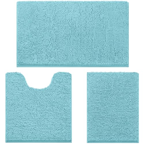 HOMEIDEAS 3 Pieces Bath Mat Set, Soft Chenille Bathroom Rugs Mat, 3X Absorbent Spa Shaggy Bath Rugs Set, Machine Washable & Non Slip Bath Mats for Bathroom, Tub, ShowerSpa Blue