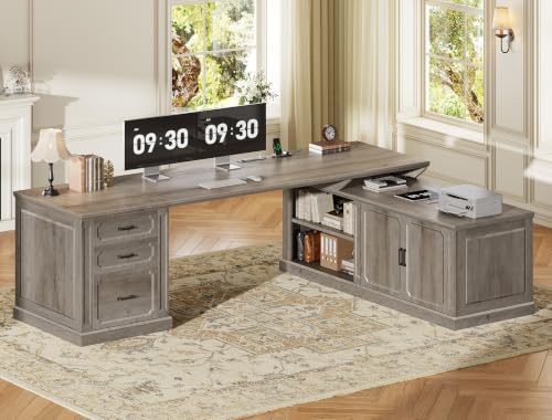 Image of SEDETA Farmhouse L Shaped Desk with Drawers, 70.9 inch Home Office Desk with Storage Cabinet and Storage Shelves, L Shaped Computer Desk with Power Outlet,Gray