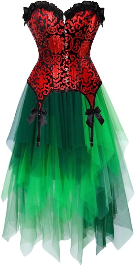 Jutrisujo Women's Overbust Skirt Corset Dress with Suspenders Bustier Floral Lace Trim Top Plus Size