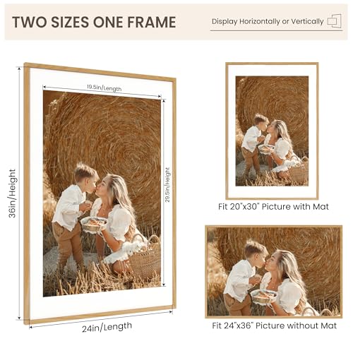 Image of FLYJOE 24x36 Oak Wood Picture Frame with Mat for 20x30, 24 by 36 USA-Sourced Natural Solid Wooden Poster Frame for Wall Display, Tempered Real Glass, Hanging Hardware Included, 1 Pack, Natural