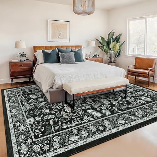 GarveeHome Botanical Area Rugs 10x13 Living Room Rug Extra Large Washable Rugs for Bedroom Soft Low Pile Farmhouse Floor Decor Non-Slip Stain Resistant Vintage Carpet for Dining Room Office, Black