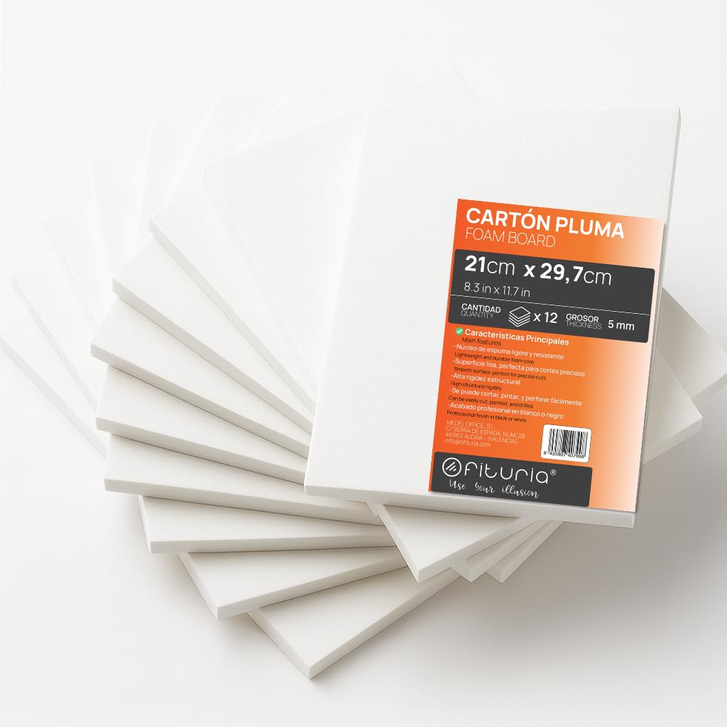 OFITURIA Foam Board, White, A4 (21 x 29.7 cm), Pack of 12, Expanded Polystyrene Plate, Lightweight and Rigid, Foam Board, Versatile and Cuttable, for Crafts and Models, 5 mm