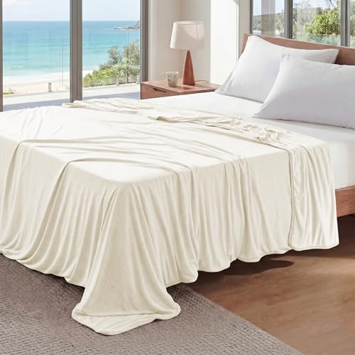 Image of Bedsure Off White Cooling Blanket Full Size for Hot Sleepers - Summer Blanket Full Size Cold Bed Cool Arc-Chill Thin Ice Cooled Bedding with Rayon Derived from Bamboo Night Sweats Hot Flashes, 80x90