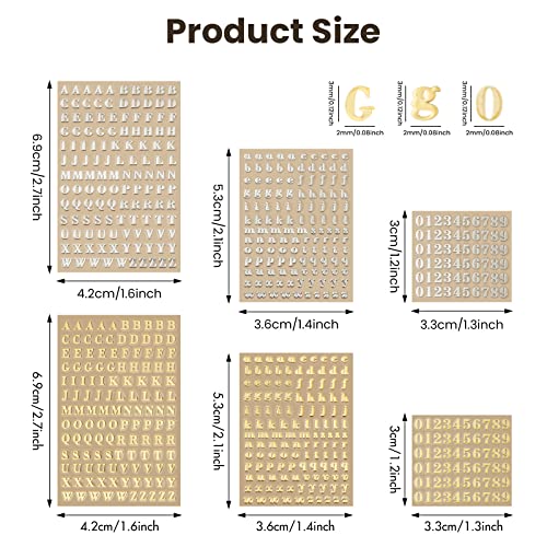 EORTA 6 Sheets 0.12inch Alphabet Number Stickers Mini Letters Decoration Glitter Alloy Self Adhesive Decals for Epoxy Resin Casting Decoration DIY Crafts Scrapbook, Golden/Silvery, 3mm
