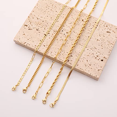 Gmsol Gold Ankle Bracelets For Women 14K Gold Plated Anklet Cuban Rope Figaro Cross Herringbone Snake Paperclip Chain Dainty Layered Anklet Set 5Pcs #TOP5
