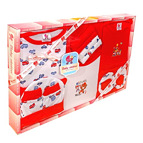 Image of BABY STATION New Born Baby Gift Set Cotton Material For Baby Boy And Girls Ideal Baby Shower Gift 13 Pcs (Red)
