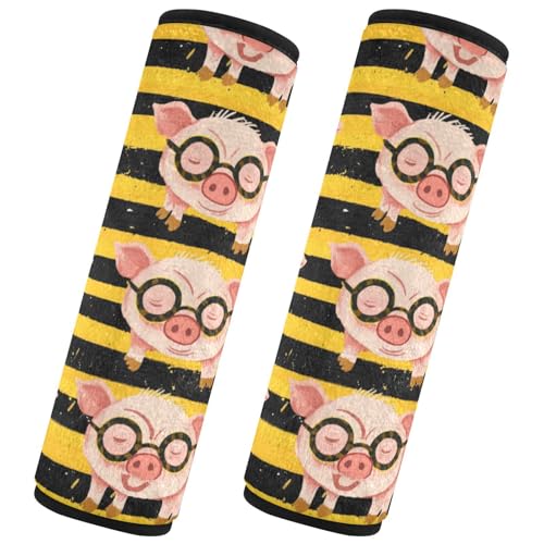 Seat Belt Covers 2 Pack Pink Piglets Glasses Car Seat Strap Covers Super Soft Yellow Stripes Car Seat Neck Cover for Boys Girls Adults Babies M
