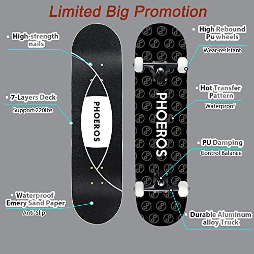 Phoeros Skateboards -Standard Skateboards For Kids Boys Girls Youths Beginners Starter-Complete Skate Boards 31''X 8''Canadian Maple Pro Cruiser (Pp) #TOP1