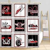 DYNH Racing Car Shower Curtain,Black Red Checkered Racing Signs Bathroom Curtain,Kids Boys Teens Men Race Fans Waterproof Fabric Bathroom Decor with Hooks,69X70 in