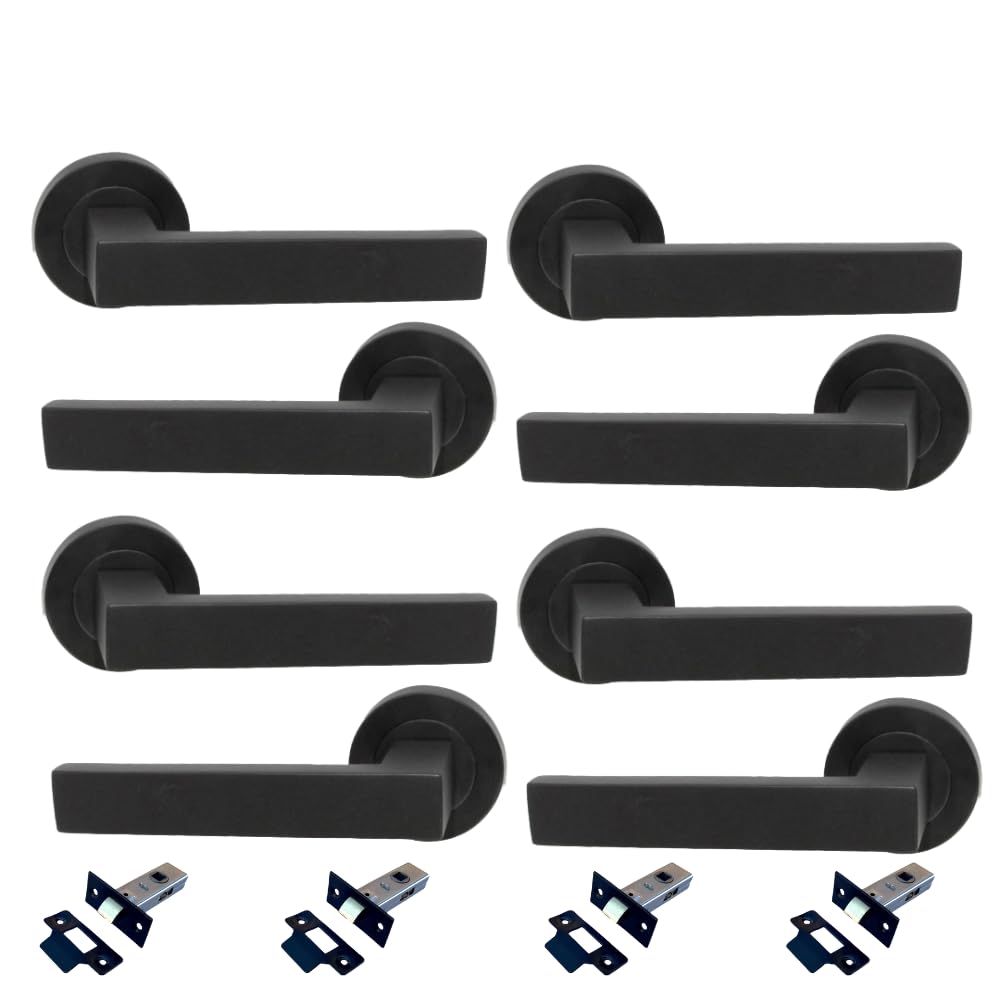 Epsom Door Handle Modern Black Lever Rose Door Handle with Tubular Latch – Modern Square Design, 122mm Handle, 52mm Rose –4 Sets