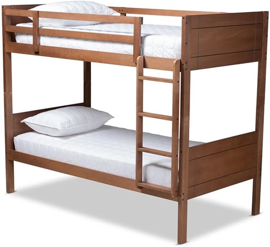 BOWERY HILL Twin Size Bunk Bed, Solid Rubberwood and Engineered Wood, Walnut Brown Finish, Modern Contemporary Design, Fixed Ladder, Space-Saving Bedroom Furniture for Kids or Guest Room