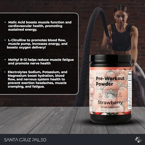 Image of Santa Cruz Paleo Pre Workout Powder Electrolytes, Magnesium, Potassium, Sea Salt & L Citrulline, Caffeine & Sugar Free Preworkout Drink Mix for Energy & Hydration, Strawberry Flavor, 30 Servings