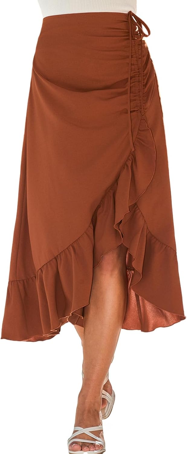 CUPSHE Women's Wrap Ruffle Midi Skirt with Drawstring | Flowy Tiered Beach Vacation Asymmetrical Midi Skirt, High Waist Casual Summer Cruise Outfit