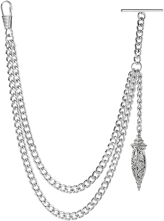 BOSHIYA Silver Pocket Watch Chain, Double Chatelaine with Hollow Pendant.