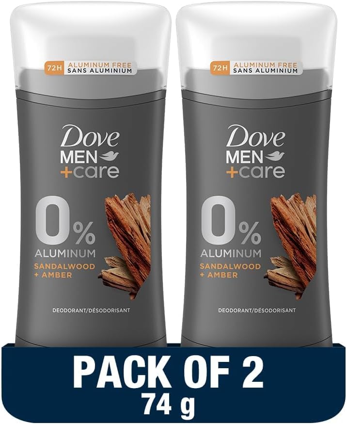 Dove Men+ Care Antiperspirant Deodorant Stick, Sandalwood & Amber, 72H Protection, 0% Aluminium, 74g x 2