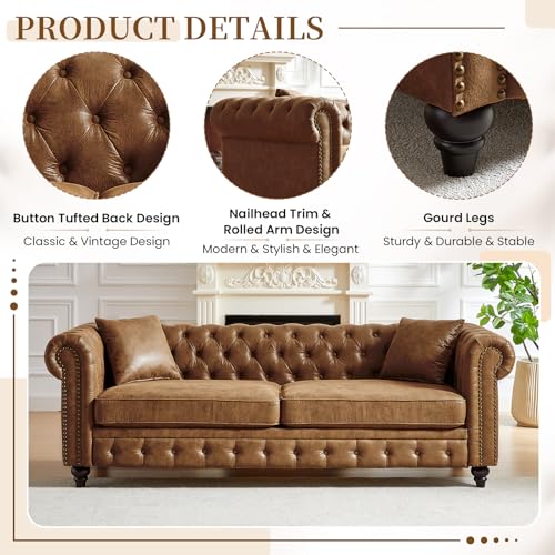 Image of Mid Century Modern Couch, 85.5 inchW Faux Leather Button Tufted Oversized Loveseat Sofa with Nailhead Trim & Roll Armrests, Deep Seat Comfy Chesterfield Sofa for Living Room, Office(3 Seater, Brown)