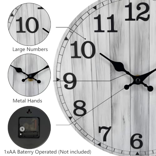 Image of 14 Inch Wall Clock Battery Operated, Wooden Rustic Boho Wall Clocks | Easy-to-read Number, Silent Non Ticking Analog Clock Decorative for Living Room Kitchen Bedroom Home Office Decor, Gray Clock