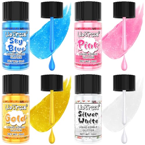 Edible Glitter 4 Colours Liquid Edible Cake Glitter Paint Food Colour Set Metallic Glitter Cake Paint Lustre Dust Edible for Cake Decorating Drinks Icing Cocktails Strawberries-10ml