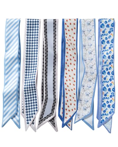 ZXZH 6 Pack Fashion Scarves for Women Versatile Boho Head Scarf Satin Scarf for Hair Neck Wrist and Purse Accessories(Sweet Blue Print)