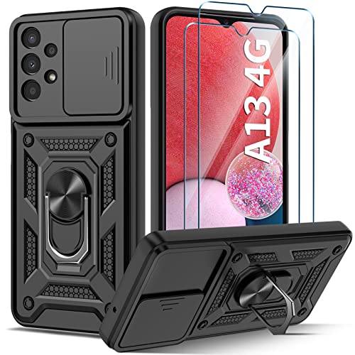 Guisessy Funda para Samsung Galaxy A13 4G Armor Carcasa Cubierta de cámara Deslizante Proteger con 2 Pack Cristal Templado Protector, con 360 Anillo Soporte PC y Silicona TPU 6.6" Case, Negro Cover