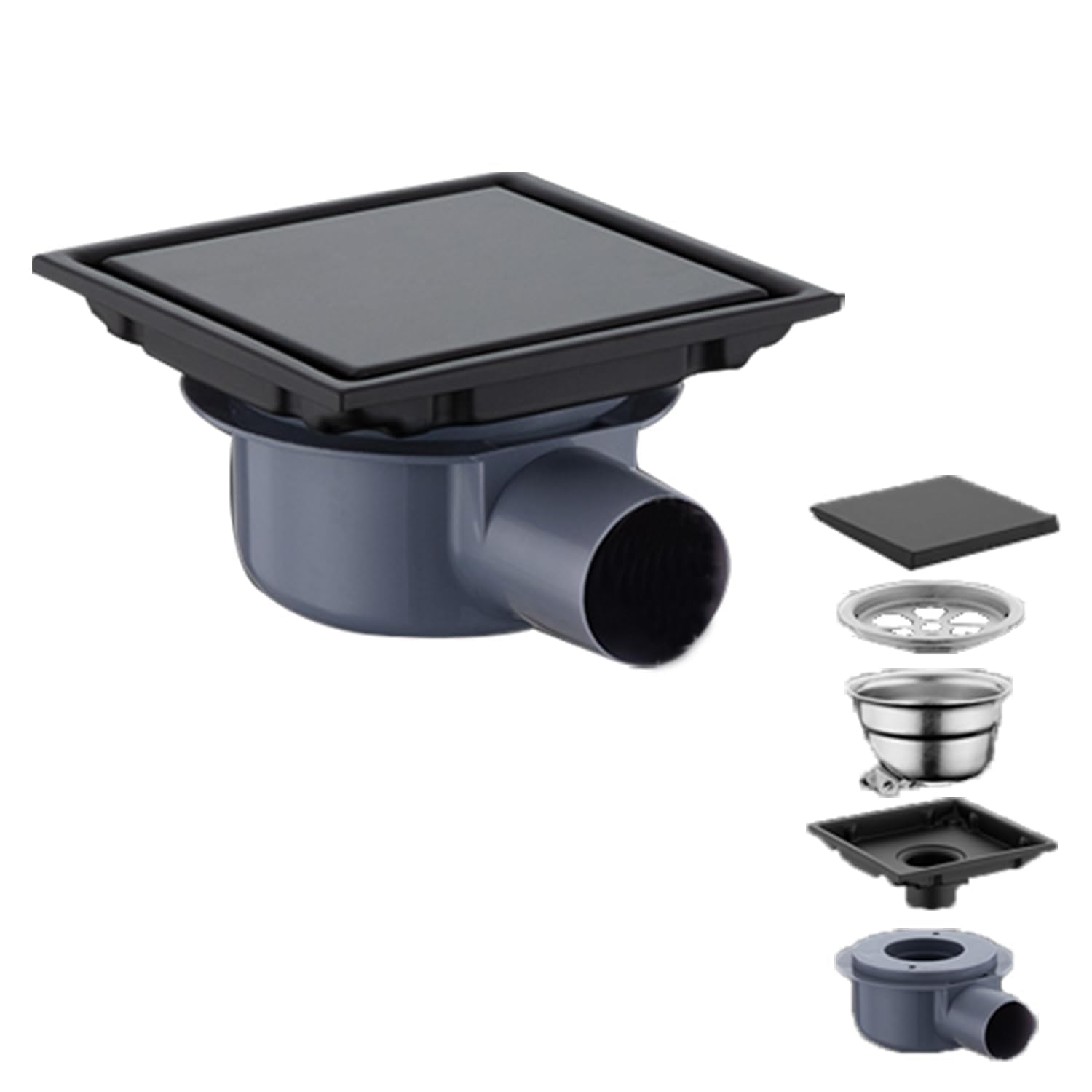 Canalina per doccia quadrata 15 x 15 cm,Piletta Doccia a Pavimento,Nero Scarico Pavimento Doccia,Con Sifone Antiodore a 360°,Filtro Antiodore e Filtro Per Capelli,Per Bagni,Cantine,Interni Ed Esterni