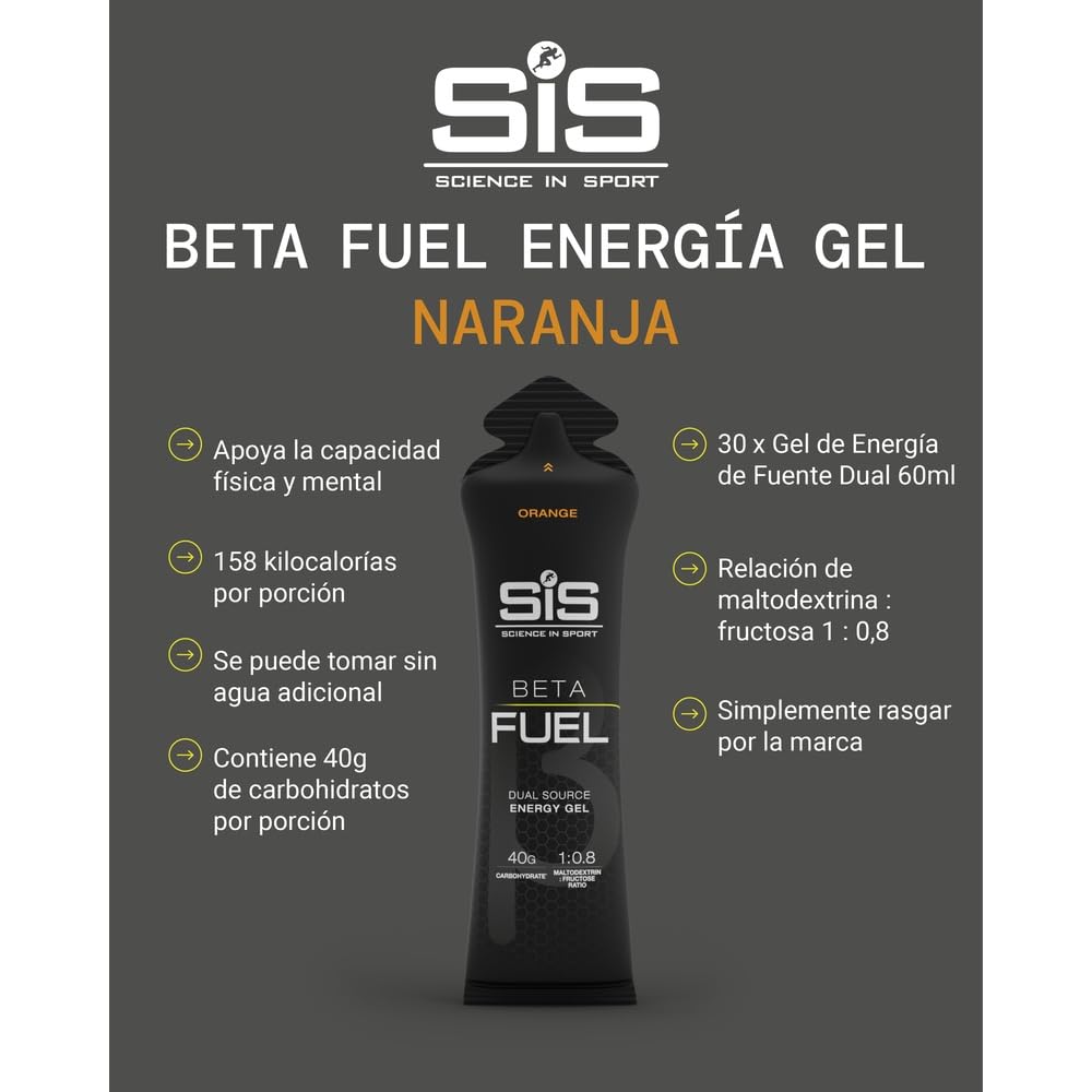 Science in Sport Beta Fuel Gel Gel Energético de Doble Fuente 30 x 60ml Naranja Vegano - 40g de Carbohidratos en Proporción 1:0.8, Muy Buen Proveedor de Energía